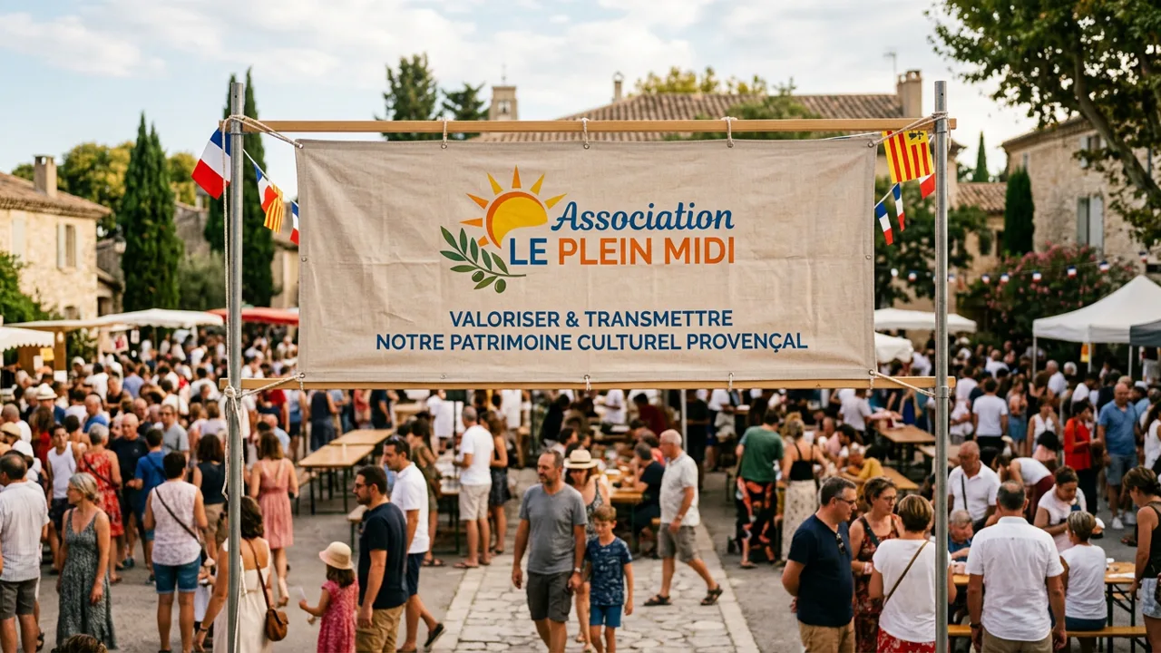 Bannière institutionnelle de l'association LE PLEIN MIDI lors d'une manifestation citoyenne à Apt